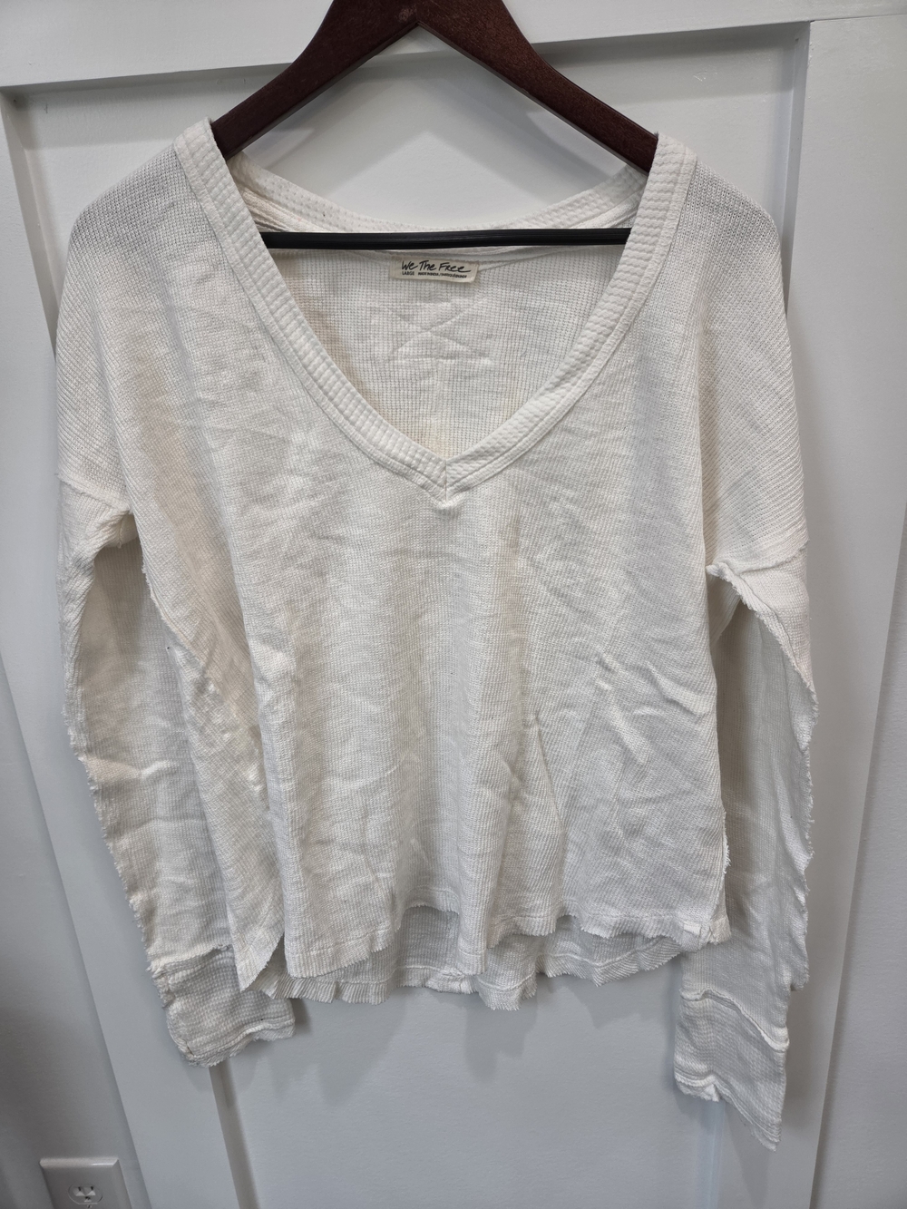 Free People Ivory V-Neck Waffle Knit Pullover